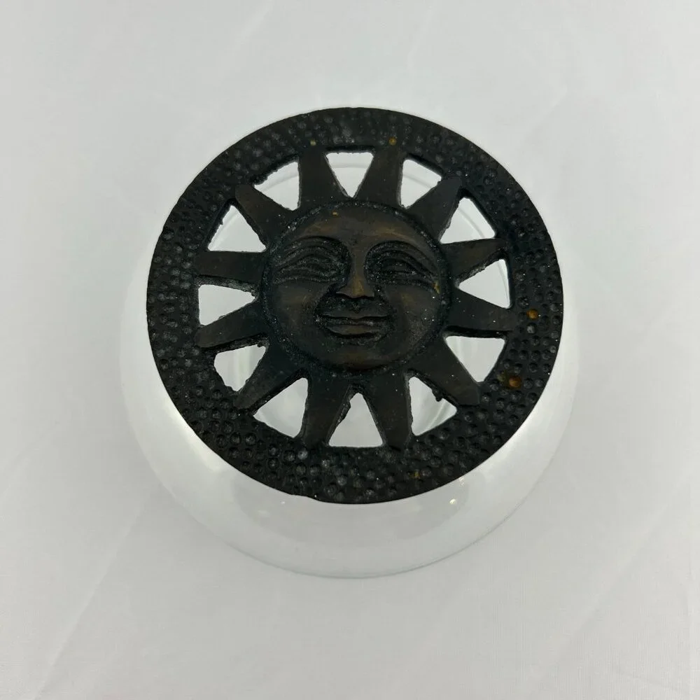 Clear Glass Round Jar Metal Sun Face Lid Celestial Bathroom Decor